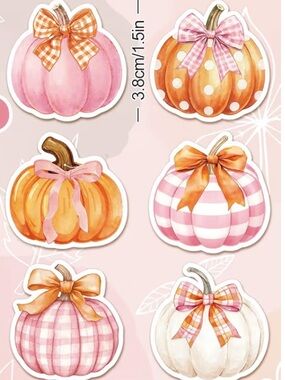 NEW! 50 Pink & Orange Bow Plaid Pumpkin 1.5 inch Fall Stickers